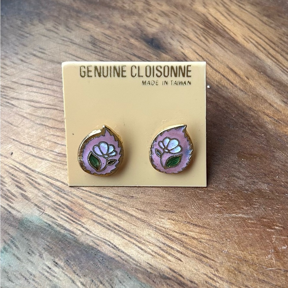 Genuine Cloisonne Pink Floral Teardrop Stud Earrings